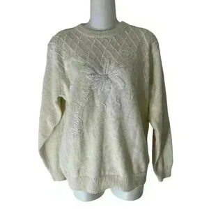 Women's Alfred Dunner Beige Sweater Floral Pattern Faux Pearls Size M
